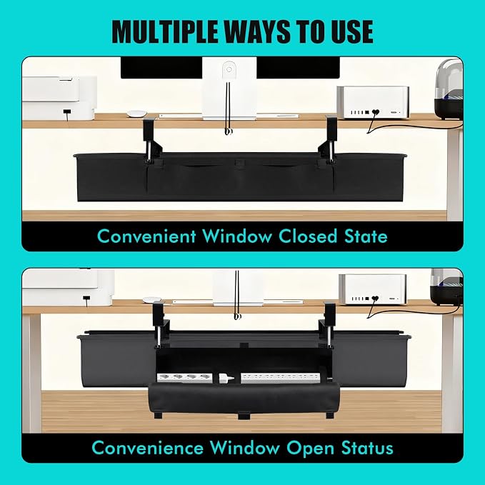 No Drill Under Desk Cable Management Tray - 36" Premium Fabric Cord Organizer for Table - with Silicone Pads & Cable Ties & Sticky Notes - Supports Up to 30lbs for Office & Home