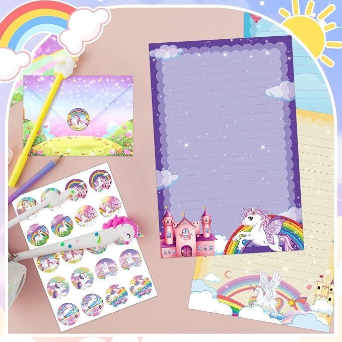 TaoBary 160 Pcs Stationery Paper Set 50 Double Sided Stationery Papers with 50 Matching Envelopes and 60 Round Dot Sticker, 10 Design(Unicorn,5.5 x 8.25 Inch)