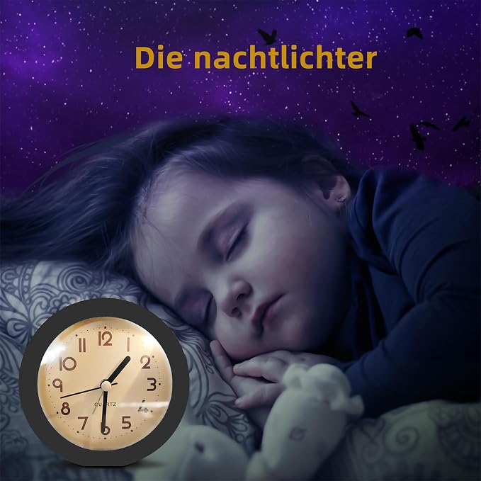 HIQU and HIST Alarm Clock with Backlight, 4 Inches Cute Analog Round Digital Quartz Clock, Non Ticking, Battery Operated,Simply Design for Living Room, Bedroom,Bedside, Desk Decorative (Black)