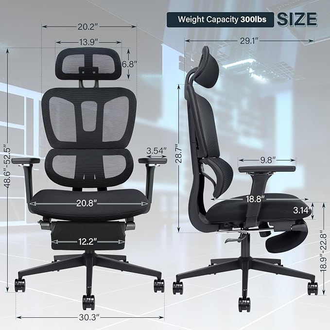 Ergonomic Office Chair with Retractable Footrest, Black | High Back Design, Dynamic Lumbar Support, 2D Headrest & 4D Armrests, Breathable Mesh Back for Home Office