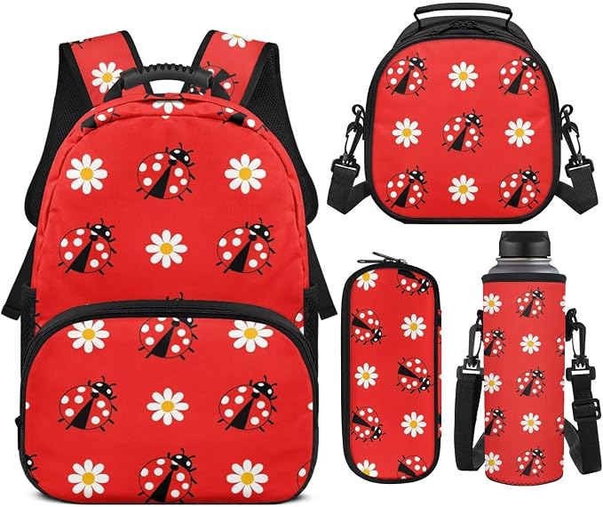 Ladybug Girls Backpack Set 4 PCS, 17 Inch Daisy Floral School Bag with Insulated Lunch Bag for Elementary Kids Ages 6-8 Back to School Gift, Red Back Packs