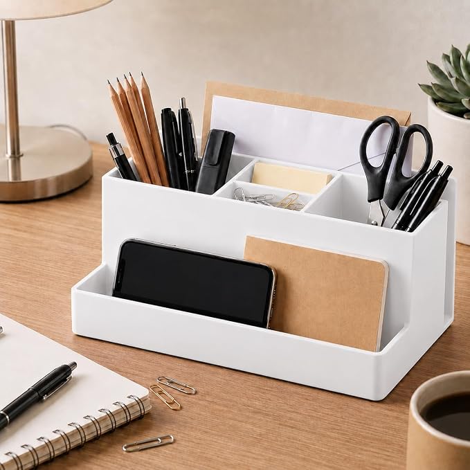 Acrimet Desktop Organizer - Multi Organizer Caddy Holder for Office, Home and School use (Plastic) (White Color)
