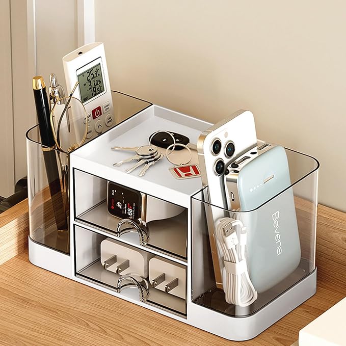 Desk Organizer with Pen Holder and 2 Drawers, Office Organizer, Desktop Organizer for Desk, Office, School, Home (White)