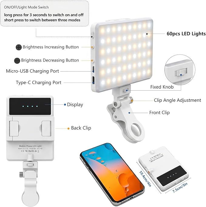 Selfie Light, Phone Light with Front & Back Clip, 60 LED Portable Light with 3 Modes, 5000mAh Rechargeable Video Light for Phone, iPhone, IPad, Laptop, TikTok, Makeup, Lighting Monolights(White)