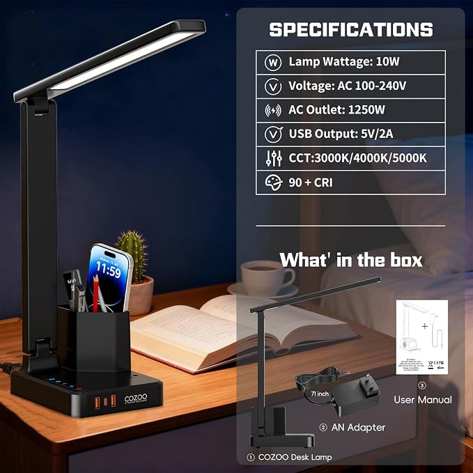 cozoo LED Desk Lamp for Dorm with USB Charging Ports and AC Outlets, Modern Dimmable Eye Cariing Desk Light for Home Office with Pen Holder, Kids Small Table Lamp for Reading, Bedroom, Study, Craft