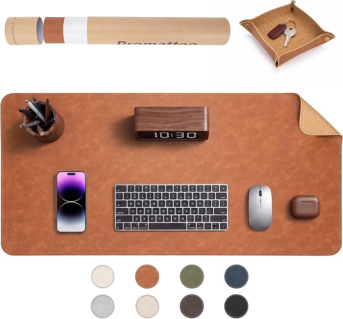 Premium Faux Leather Desk Mat & Tray Set，Innovative Cork-Look Printed Base，Gift Tube Packaging，Full-Desk Coverage，Non-Slip Desk Pad for Office Home（Cognac Brown）