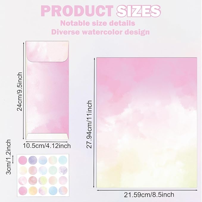 250Pcs Watercolor Stationery Paper and Envelope Set with 100 Letterhead Papers and 50 Envelopes, 10 Design for Letter Writing Invitations Computer Holidays Party Notes, 8.5x11 Inch-Aesthetic