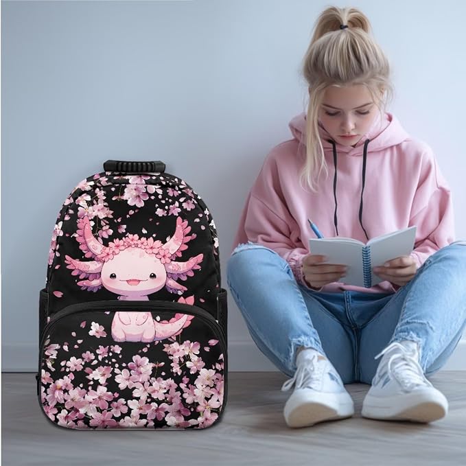 Ystardream Funny Axolotl Backpack and Lunch Box Set for Girls School Bag Lightweight Middle Primary School Bookbag Trendy Cherry Blossom Backpack with Lunch Box Pencil Case Water Bottle Sleeve,4 Pcs