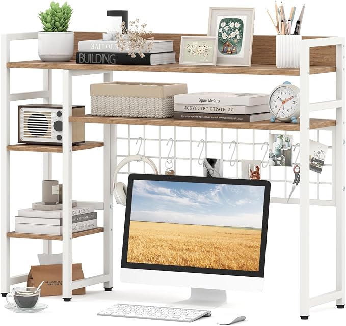 Tangkula Desktop Bookshelf for Computer Monitor Up to 32”, Countertop Storage Hutch with 4 Open Storage Shelves, Grid Panel, Anti-tip Device, 4-Tier Desktop Display Shelves for Home Office (Natural)