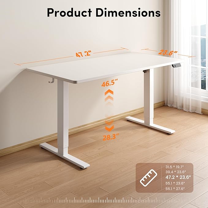 FEZIBO One-Piece Standing Desk, 48"x24" Seamless Tabletop Electric Height Adjustable for Home Office, Study Rooms & Multi-Device Workstations, White
