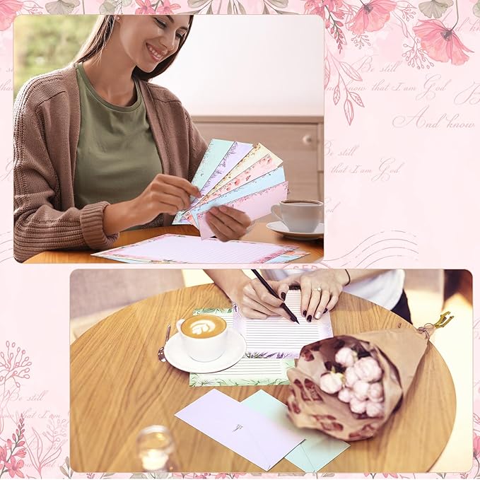 Funrous 90 Pcs Stationary Paper and Envelopes Set, 60 Sheets Floral Letter Paper and 30 Envelopes, 8.5 x 11 Inch Lined Writing Sheet for Mother's Day Wedding Religious Spring Party Invitation Gift