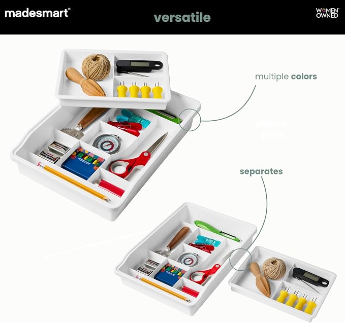 madesmart Classic Junk Drawer Organizer, Carbon | rounded corners, sliding top tray, removable upper level, 13 compartments, cords pens keys, woman owned