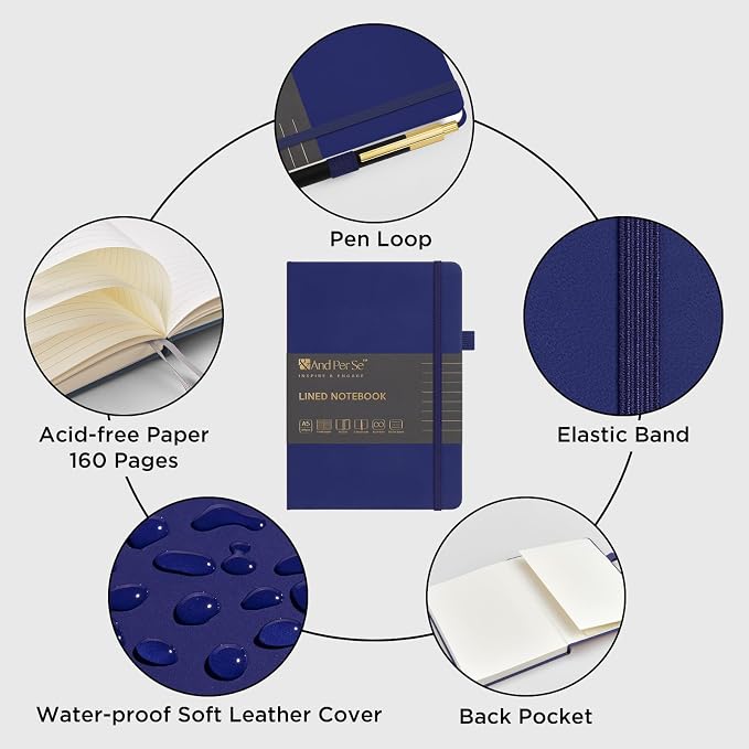&And Per Se Lined Journal and Pen Set, A5 Leather Hardcover Notebook with Pen & Stationary Set, 160 Pages 100GSM Thick Ruled Paper Journal for Business Work Writing (Royal Blue)