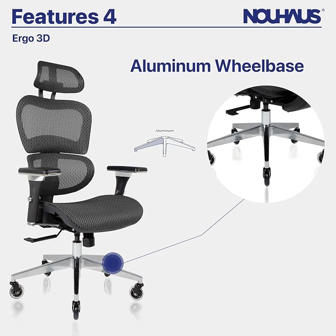 Nouhaus Ergo3D Ergonomic Office Chair Lumbar Support Mesh Office Chair with 4D Adjustable Armrest, Adjustable Headrest and Wheels, Mesh High Back Home Office Desk Chairs(Black)