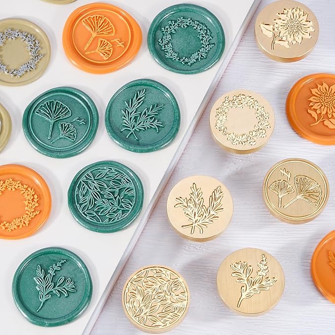 Wax Seal Stamp Set, 6 pcs Brass Head Wax Stamp & 1 Wooden Handle, 6 Botanical Designs (Rosemary, Sunflower, Ginkgo Leaf, Wreath, Leaves, Eucalyptus)
