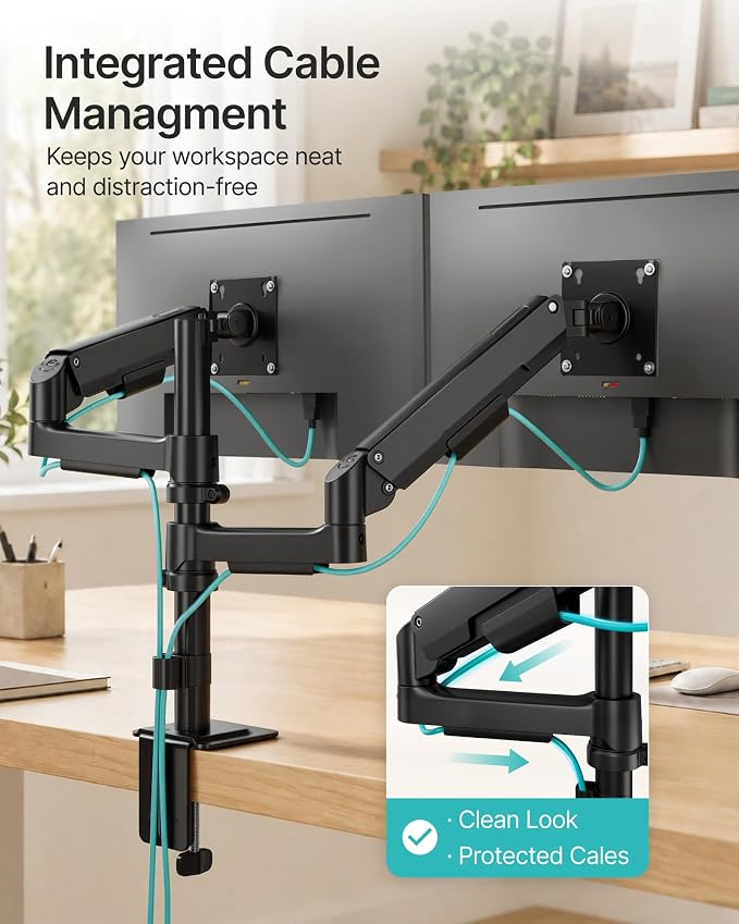 Dual Monitor Stand for 17-32 Inch Screens, Gas Spring Arms | Full Motion Mount with Cable Management, Support up to 19.8 lbs，Computer Monitor Arm with Clamp/Grommet Base