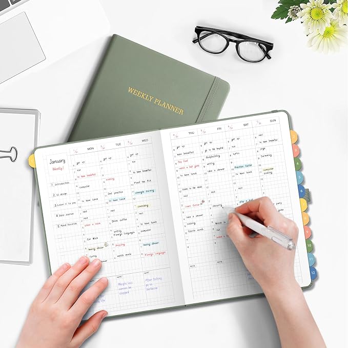 Undated Appointment Book, Hourly, Daily, 52 Weekly & 12 Monthly Planner, 6 AM - 8 PM, Medium Size (5.7" x 8.3"), Leather Hardcover, 12 Self-adhesive Monthly Tabs (Light Green)