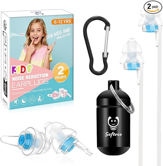 Kids Ear Plugs (6-12 yrs), Reusable Noise Relief Earplugs for Child Adult with Small Ear Canals - Kid Ear Protection for Focus, Fly, Concerts, Socializing, Events, Noise Sensitivity – 2 Pairs, 25 dB