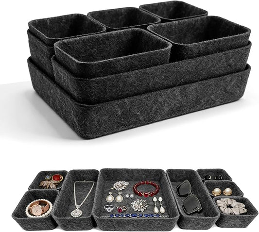 8 PCS Felt Desk Drawer Organizer Trays, 4 Sizes, Charcoal | 4 Size Drawer Organizers Set For Office Supplies, Jewelry, Makeup & Cosmetics. Flexible Storage for Desk & Drawers.