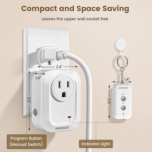 SURAIELEC Wireless Light Switch Remote Control Outlet, No Wiring Needed, 100ft RF Range, Pre-Programmed, Expandable Keychain Remote Switch Kit for Lamps, Fans, Christmas Trees, Small Appliances