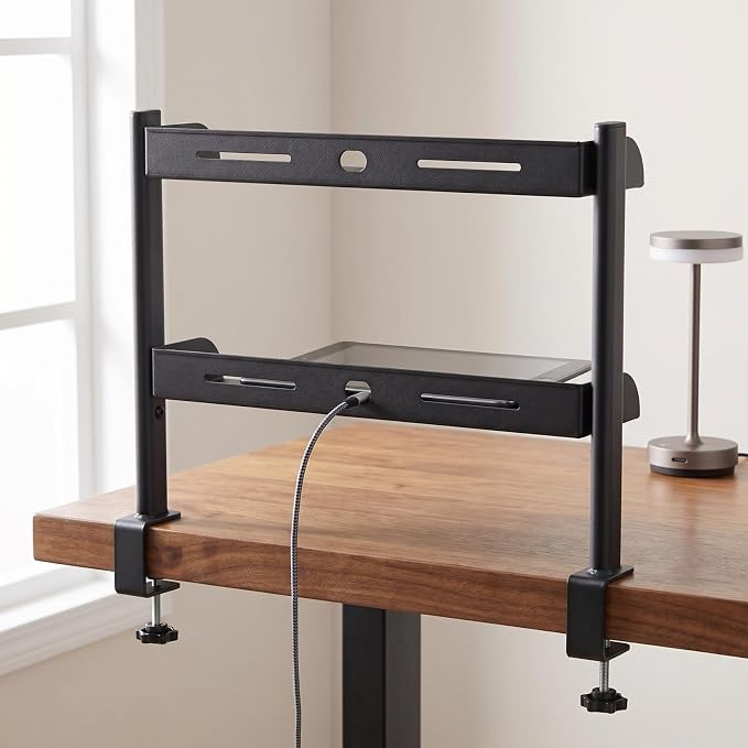 NUOBESTY Clamp On Desk Shelf, 2-Tier Metal Desktop Storage Organizer | Heavy duty black space saver. No-drill attachable hutch for gaming setup, college dorm & home office. Cable routing slots.