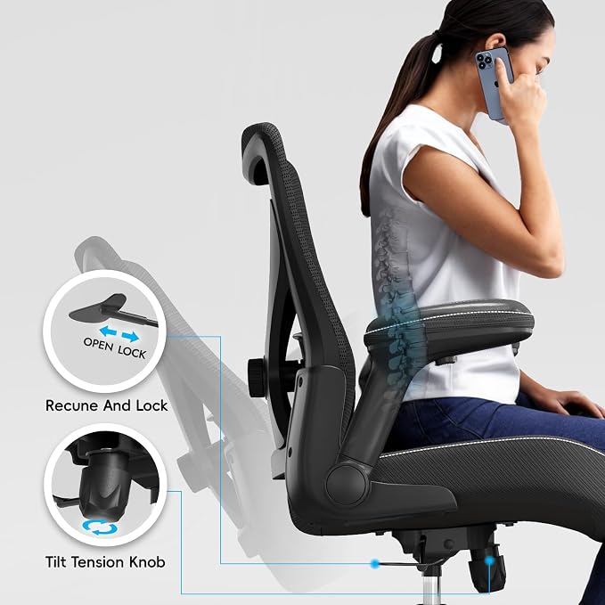 Ergalithic Office Home Ergonomic Desk Chair-Computer X-Shaped Chair Mesh PU Leather with Adjustable Lumbar Support-Executive Chair High Back Flip-Up Arms for Long Hours (Black-No Headrest)