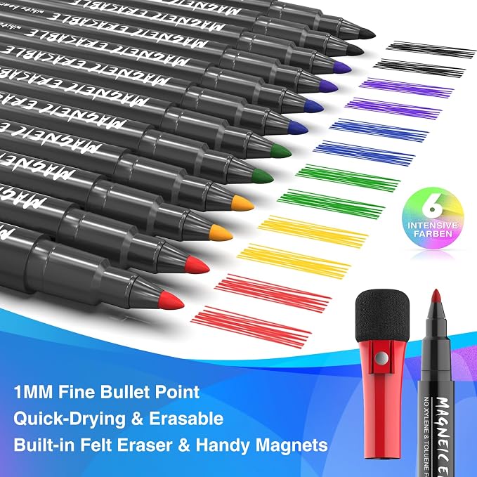 Magnetic Dry Erase Markers Fine: 12 Count 6 Colors Erasable Whiteboard Markers Fine Point with Eraser Cap, Low Odor White Board Dry Erase Pens Fine Tip for Teachers, Home, Office
