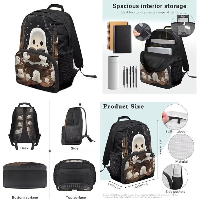 Ystardream Cute Ghost Backpack with Lunch Box Elementary School Bags for Girls 7-10 Primary Middle School Book Bag with Pencil Case Water Bottle Sleeve for Kids Child Daypack Rucksack,Lightweight