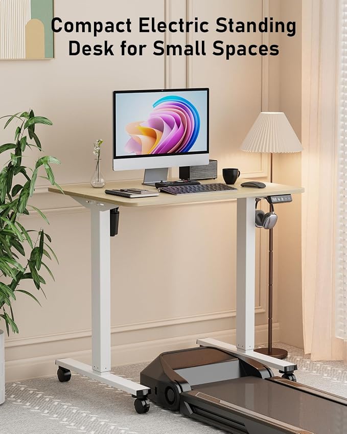 32" Small Rolling Electric Standing Desk Adjustable Height for Home Office | Mobile Sit Stand up Desk with Lockable Casters for Computer Workstation, Memory Preset, 2 Hooks, White Frame/LightWalnut Top