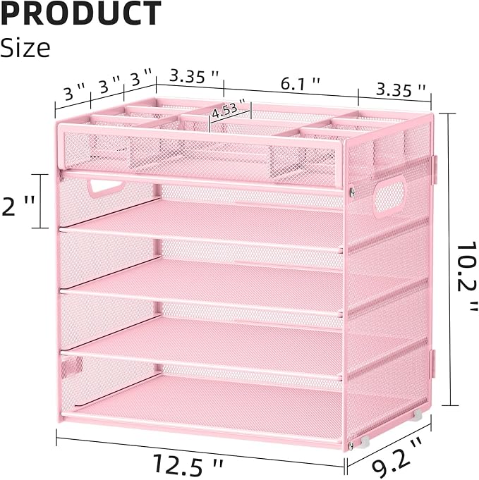 Marbrasse 5 Tier Paper Organizer, Mesh Desk Letter Tray with Handle,Pink | Paper Sorter Desk Organizer for Letter/A4 Office File Folder Holder Home Office Supplies