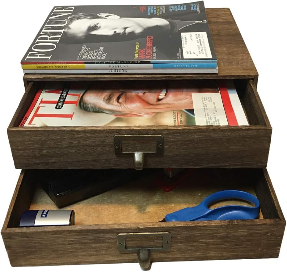 Wallniture Home Office Desk Organizer - Wooden 2 Drawer Under Monitor Stand - Printer Platform - Paper Holder Walnut