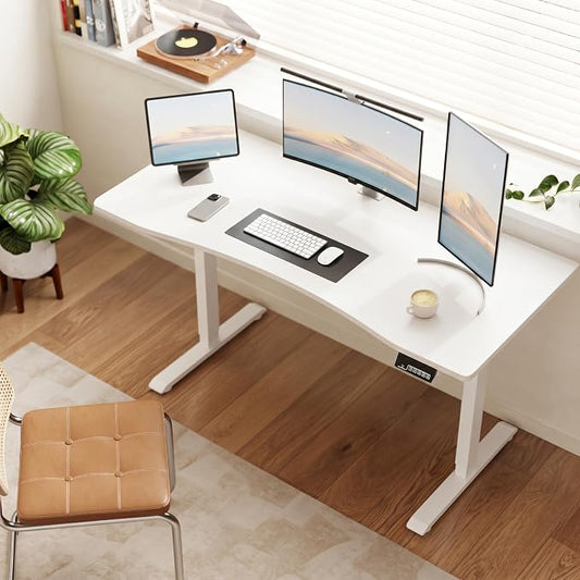 Solid Wood Electric Standing Desk 55"x23.6"Home Office Desk,Adjustable Workbench with 3 Stages Single Motor, Computer Workstation with T-Shaped Metal Bracket,White Standing Desk for Gaming(1 Box)