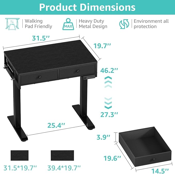 KLUVIS Black Sit Stand Desk with Drawers, 32 Inch Electric Standing Desk with Storage, Small Space Stand Up Computer Desks for Home Office Bedroom, Study Writing Desks for Walking Pad