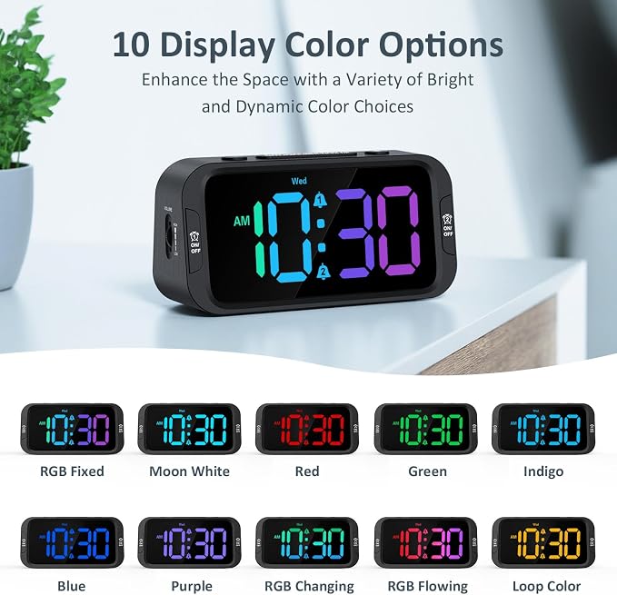 Odokee Digital Dual Alarm Clock for Bedroom with 0-100% Dimmable Display | RGB Electric Alarm Clock for Kids with Weekday/Weekend Mode - Loud Alarm for Heavy Sleepers with 5 Sounds Adjustable Volume