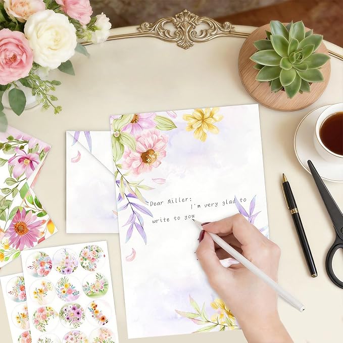 50 Pcs Stationery Paper Envelopes Set Includes 24 Writing Paper & 24 Envelopes with 24 Round Stickers, Cute Flower Floral Letter Writing and Stationery Paper Envelopes for Girls Invitations(6Style)