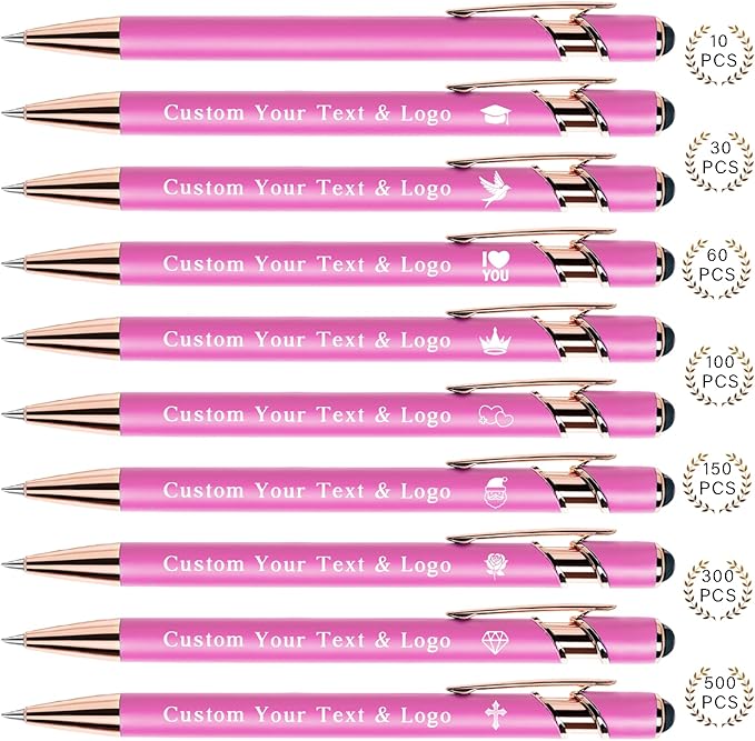 Bulk Custom Pens Personalized, Customized Pens with Name/Logo on Both Sides Gifts, Black Ink Engraved Ballpoint with Stylus, Ideal for Business, Birthday, Party, Wedding, School, Metal Material