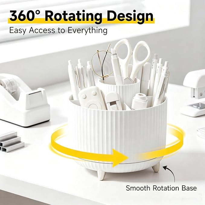 Office Supplies Set Rotating Pen Holder for Desk with Stapler Staple Remover, Tape Dispenser,Tape Refills, Binder Paper Clips Kit, Scissor,Pen, Ruler & Sticky Tabs,White Office School Supplies(White)