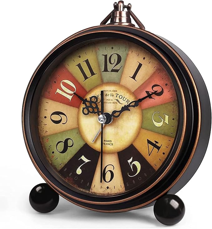 Vintage Analog Alarm Clock, Tuscan Style, 5.25inch | Small, Silent Desk Clock, Night Light, Battery Operated, Table, Bedroom, Bedside, Living Room, Gift Clock