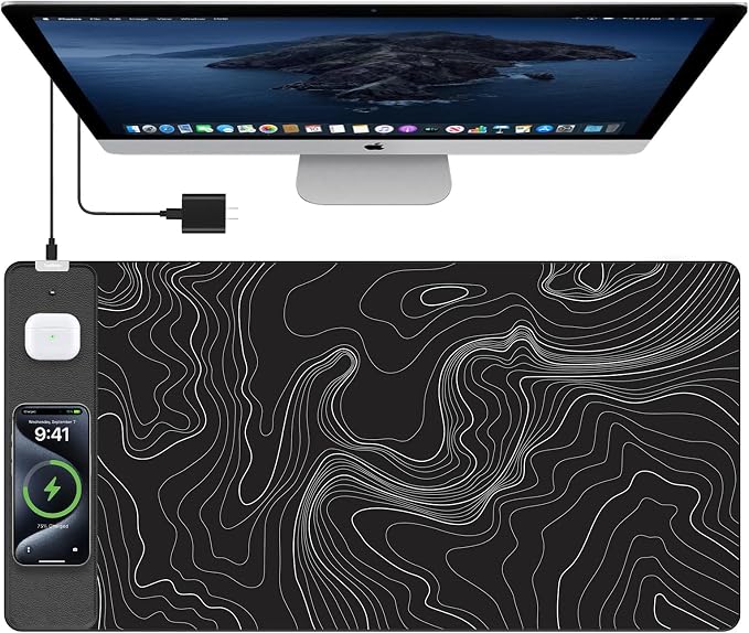 TopMade Mouse Pad with 15W Fast Wireless Charging, 31.5"x15.75" XXL Large Gaming Waterproof Desk Pad, Computer Desk Mat, Black Topographic Map #2 (Includes 20W PD Power Adapter & 6.56ft Woven Cable)