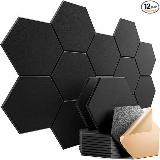 12 Pack Self-Adhesive Acoustic Panels 12" X 10" X 0.4" - Sound Proof Foam Panels with High Density, Stylish Hexagonal Design, Flame Resistant, Absorb Noise and Eliminate Echoes(Black)