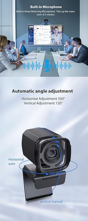 Webcam for PC, AI Auto Tracking, Remote Control, in-line Dual Noise Canceling Microphones, Full HD 1080P Video Calls, 73° Angle View, Privacy Shutter, USB Plug and Play, Low Light Correction