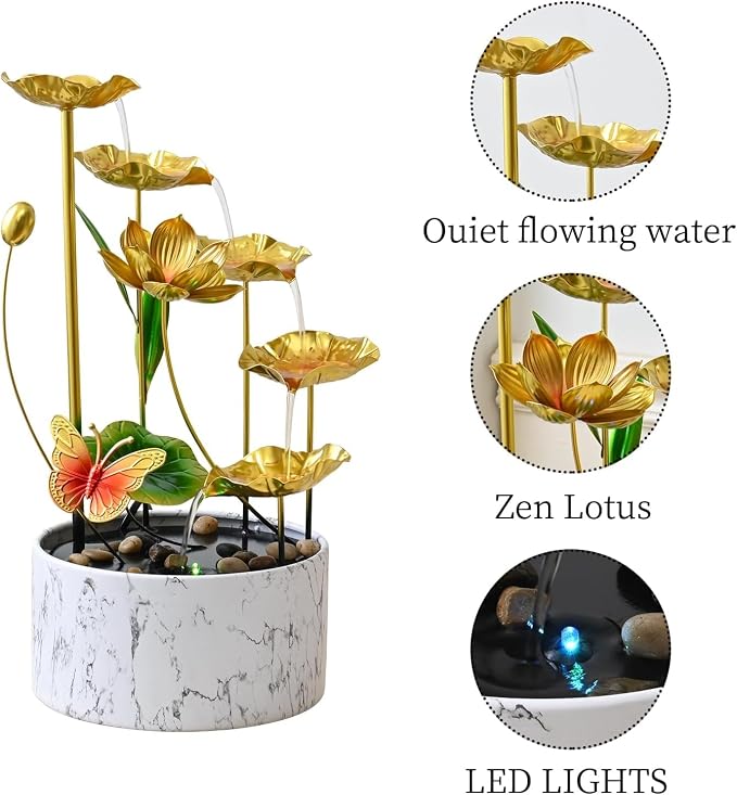 16'' H Large Indoor Water Fountain, Indoor Fountain Tabletop Metal Lotus Flower LED Light Zen Fountain, Small watefall