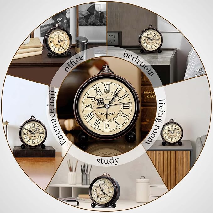 TIMESS 4.3-Inch Vintage Analog Alarm Clock, Silent Non-Ticking, White | Quartz movement, Roman numeral dial, battery operated, compact desk or table clock for bedroom, living room, and office