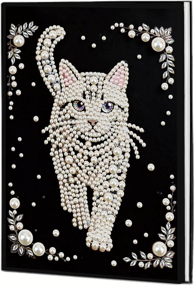 FRANDEK Pearl Painting Notebook Kit, Cute Cat A5 DIY Journal with 50 Blank Pages, Diamond Gem Art Cover with Waterproof Canvas, Beginner Craft Set with Full Tools for Adults