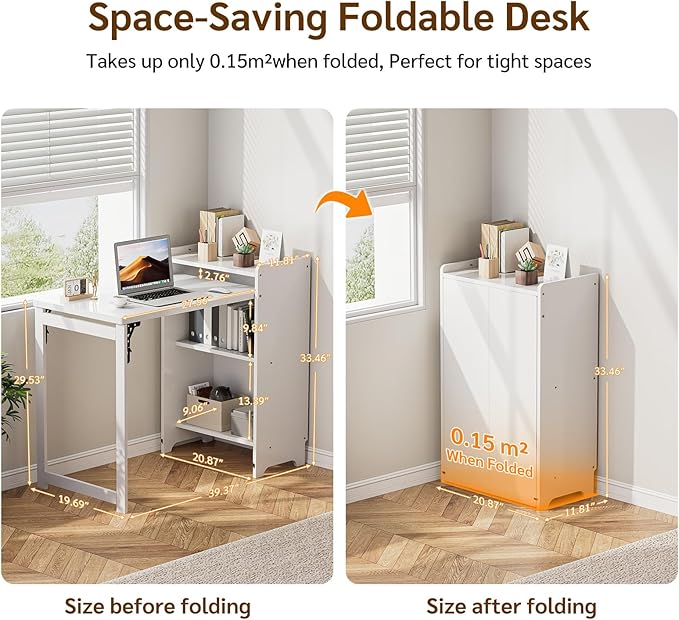 Bamboo Folding Desk with Storage, Space-Saving Foldable Computer Desk for Small Spaces, Writing Study Table for Home Office, Bedroom, Dorm, Apartment,Dark Brown