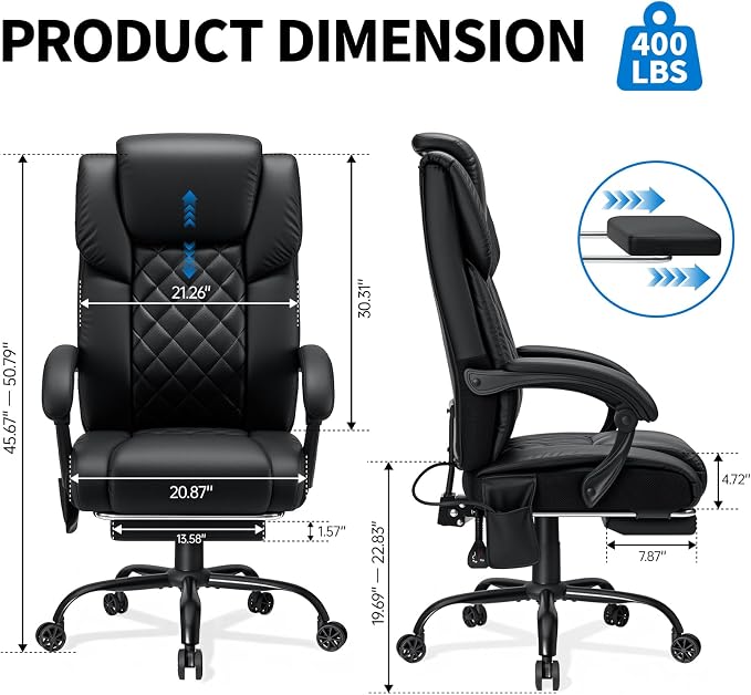 VANSPACE Ergonomic Desk Chair 400lbs with Lumbar Support and Adjustable Headrest PU Leather Big and Tall Executive Office Chair with Foot Rest,Linkage Armrests,Black