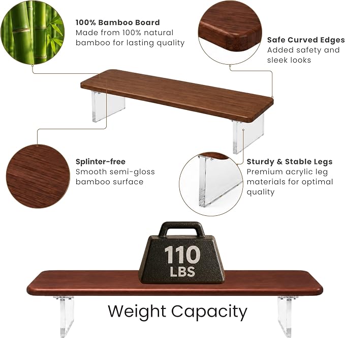 Bamboo Monitor Riser, Wide Desktop Monitor Stand for Desk with Clear Acrylic Legs, 31.5 x 8" Bamboo Wood Shelf, Fit Keyboard, Home Office Workspace Accessories,Study Stationaries Storage (Dark Brown)