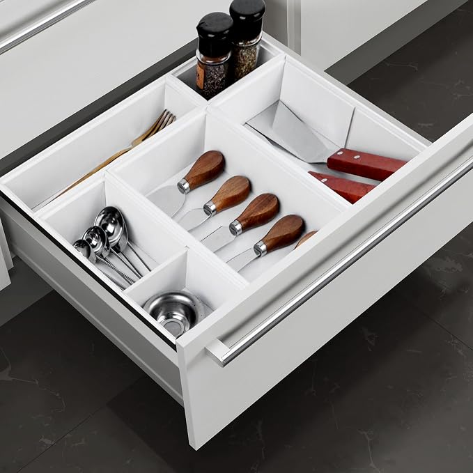 Bamboo Drawer Organizer,5 PCS White Bathroom Tray&Desk Organizers and Storage,Cabinet Divider With Removable Silverware Organization for Kitchen,Utensils,Junk,Office,Makeup