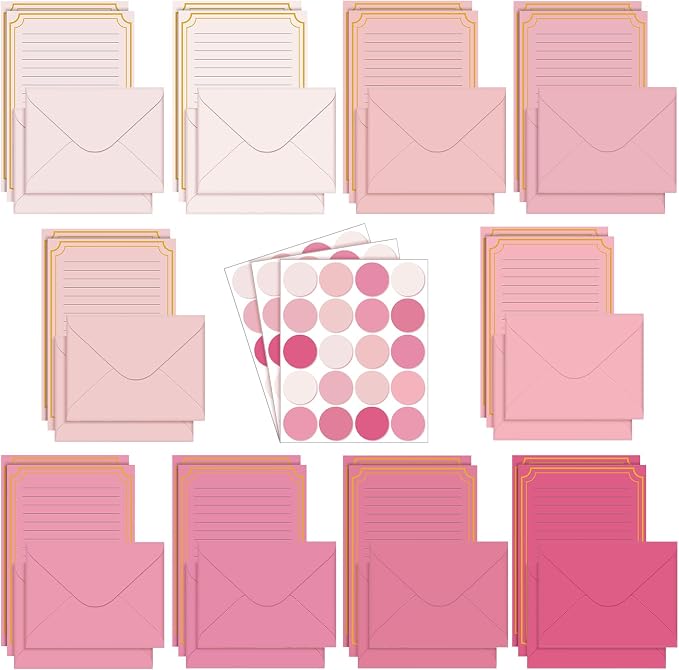 TaoBary 160 Packs Stationery Paper Set (50 Double Sided Stationery Writing Papers 50 Matching Envelopes) 60 Round Dot Sticker, 10 Design (5.5 x 8.25 Inch,Pink Color)