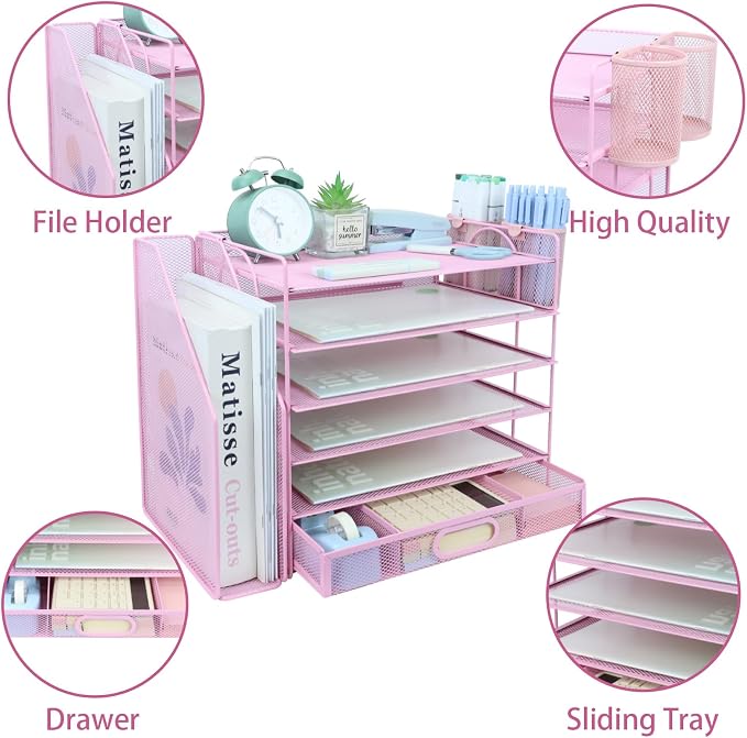 Desk Organizers and Accessories with File Holder, 6-Tier Paper Letter Tray Organiser with Drawer and 2 Pen Holder, Mesh Desktop Document Organizer for Office Supplies, Workspace - Pink